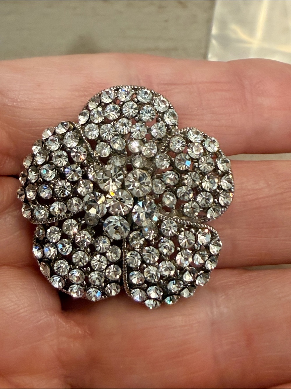 Vintage Crystal Pave Flower Brooch - Sparkling Clear Silver Tone